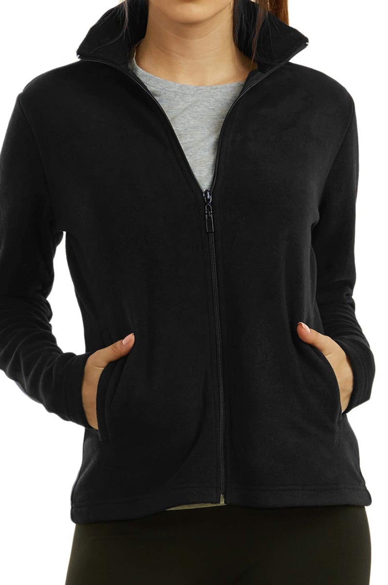 Sofra Women's Polar Fleece Full Zip Up Winter Jacket (L, Black) - Image 3
